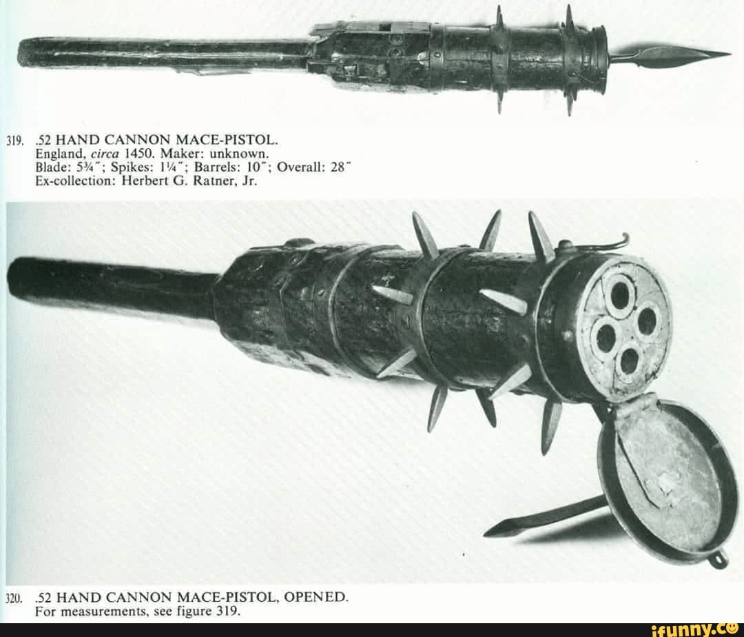 319, 52 HAND CANNON MACEPISTOL. England, circa 1450. Mi ker unknown