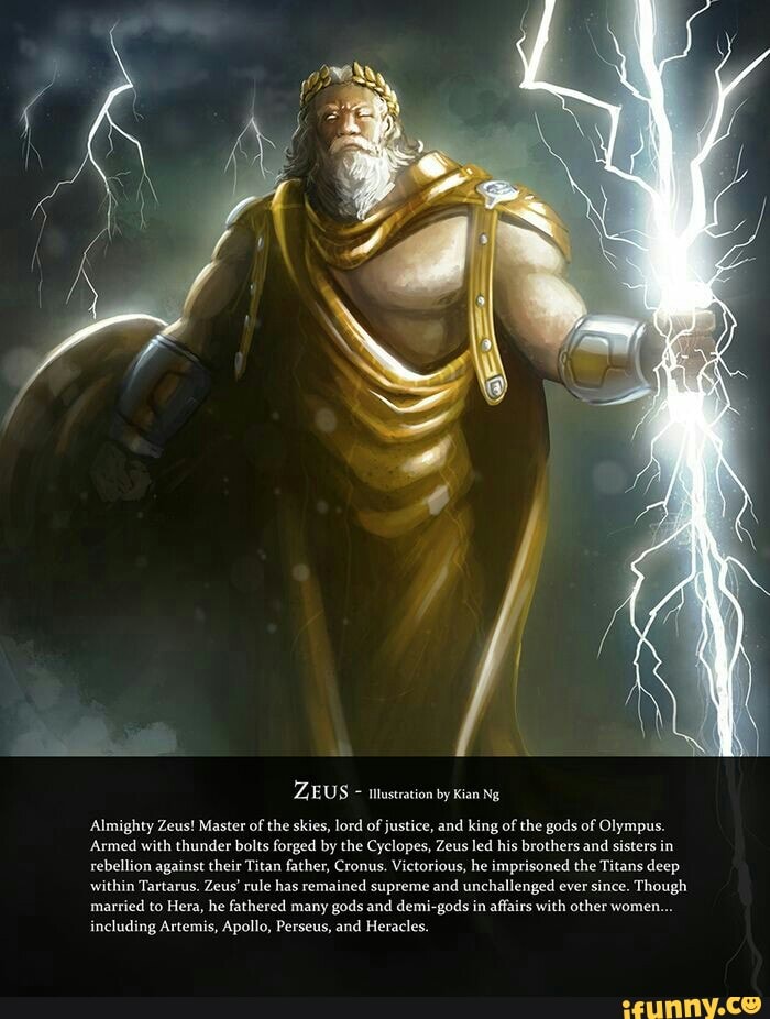 ZEUS ittustration by Kian Ng
Almighty Zeus! Master of the skies, lord of justice, and king of the gods of Olympus.
Armed with thunder bolts forged by the Cyclopes, Zeus led his brothers and sisters in rebellion against their Titan father, Cronus. Victorious, he imprisoned the Titans deep within Tartarus. Zeus' rule has remained supreme and unchallenged ever since. Though married to Hera, he fathered many gods and demi-gods in affairs with other women...
including Artemis, Apollo, Perseus, and Heracles.