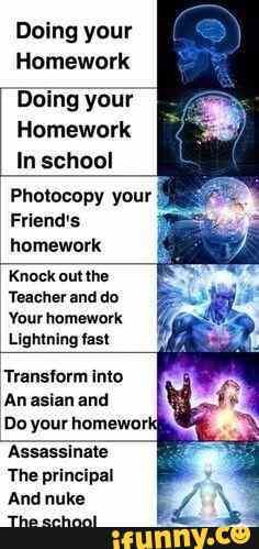 Doing your
Homework
Doing your
Homework
In school
Photocopy your
Friend's homework
Knock out the
Teacher and do
Your homework
Lightning fast
Transform into
An and
Do your homewort
"Assassinate
The principal
And nuke
The echool