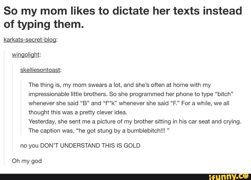 So my mom likes to dictate her texts instead
of typing them.
karkatsVsecretrblo :
The thing is. my mom swears a lot, and she’s often at home with my
impressionable lime brothers. So she programmed her phone to type ”bitch"
whenever she said “B" and “f“k" whenever she said “F." For a whwle, we al!
thought this was a pretty clever idea.
Yesterday, she sent me a picture of my brother sitting in his car seat and crying.
The captwon was, “he got stung by a bumblebiichfl! "
no you DON‘T UNDERSTAND THIS IS GOLD
Oh my god