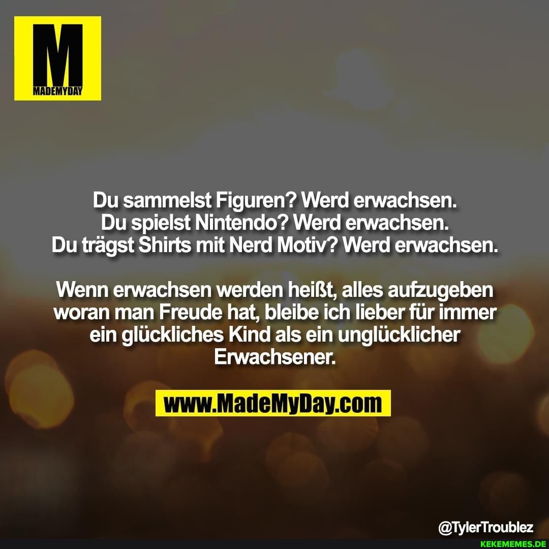 Du sammelst Figuren? Werd erwachsen.
Du spielst Nintendo? Werd erwachsen.
Du trägst Shirts mit Nerd Motiv? Werd erwachsen.
Wenn erwachsen werden heißt, alles aufzugeben woran man Freude hat, bleibe ich lieber für immer
ein glückliches Kind als ein unglücklicher
Erwachsener.
@TylerTroublez