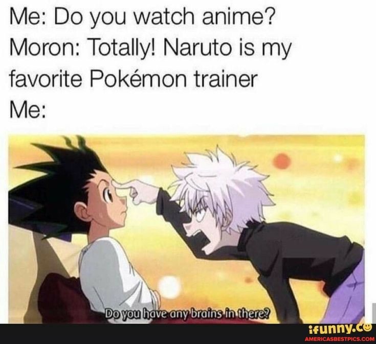 Me: Do you watch anime?
Moron: Totally! Naruto is my favorite Pokemon trainer