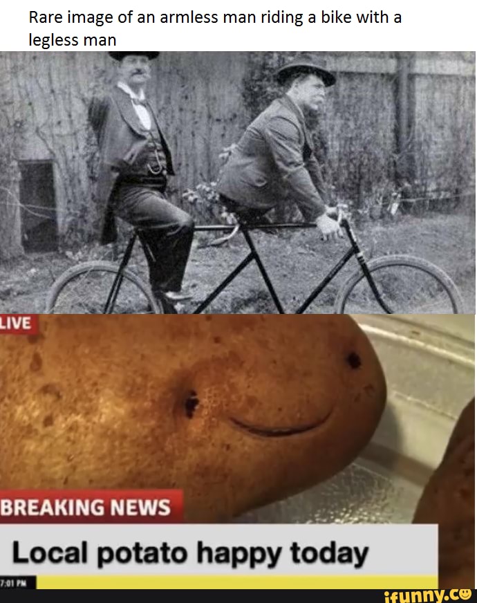 Rare image of an armless man riding a bike with a
legless man