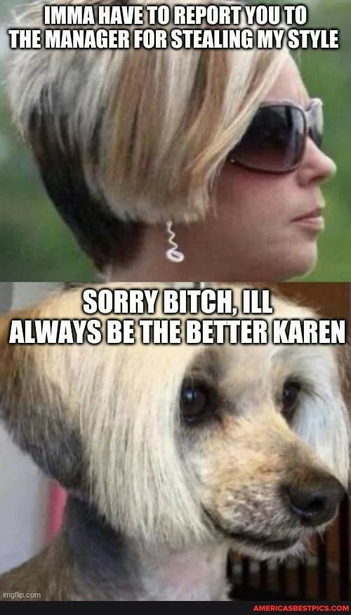 IMMA HAVE TO REPORT YOU TO THE MANAGER FOR STEALING MY STYLE
SORRY BITCH, ILL ALWAYS BE THE BETTER KAREN