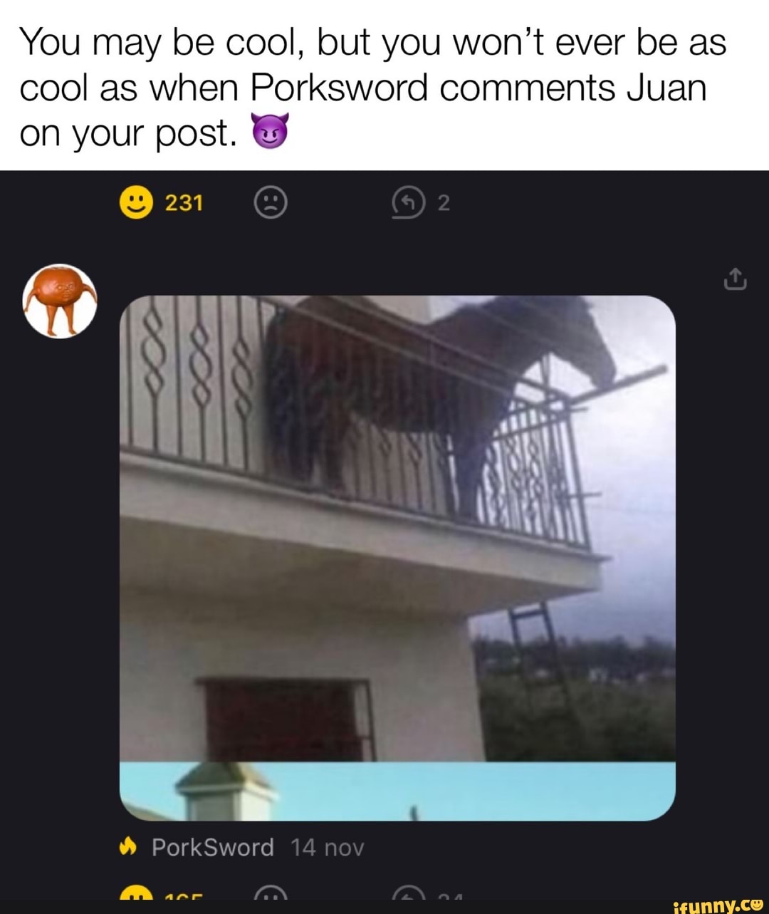 You may be cool, but you won't ever be as
cool as when Porksword comments Juan on your post. &
@ 231
he es
PorkSword
