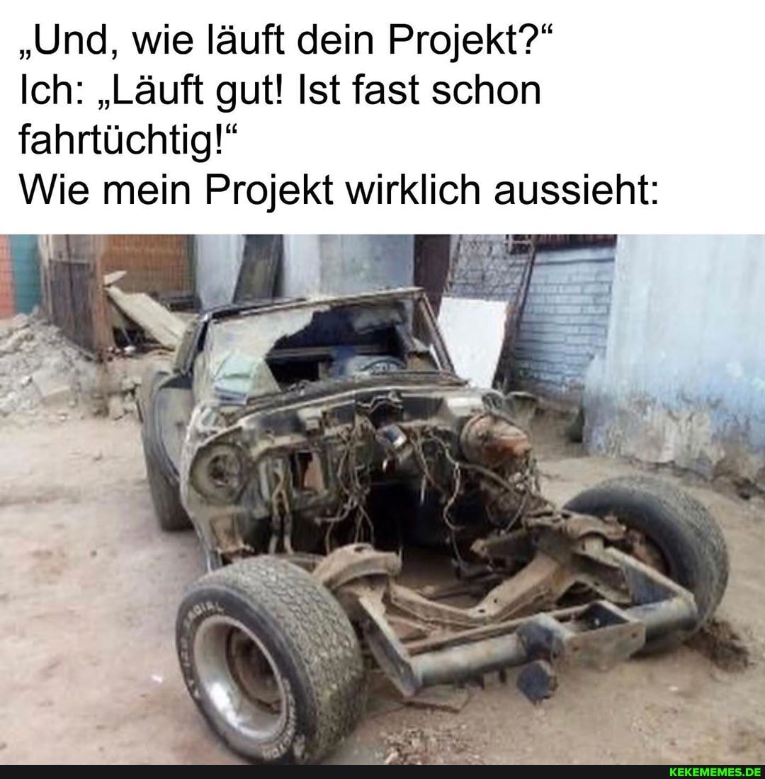 "Und, wie läuft dein Projekt?"
Ich: "Läuft gut! Ist fast schon
fahrtüchtig!"
Wie mein Projekt wirklich aussieht: