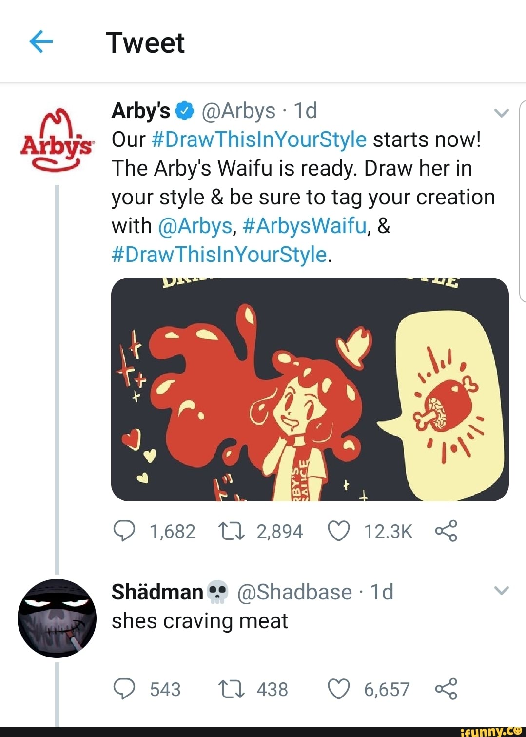 Be she drew. Shadman Arbys. Arby's waifu. Now draw her. Draw her giving Birth.