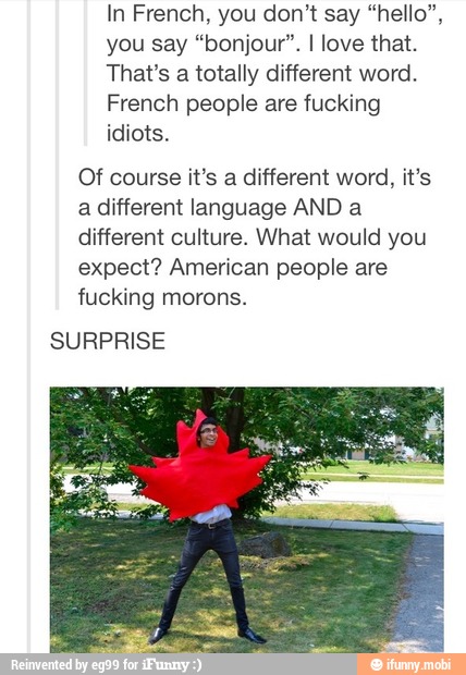 In French, you don't say "hello",
you say "bonjour". I love that.
That's a totally different word.
French people are fucking
idiots.
Of course it's a different word, it's
a different language AND a
different culture. What would you
expect? American people are
fucking morons.
SURPRISE