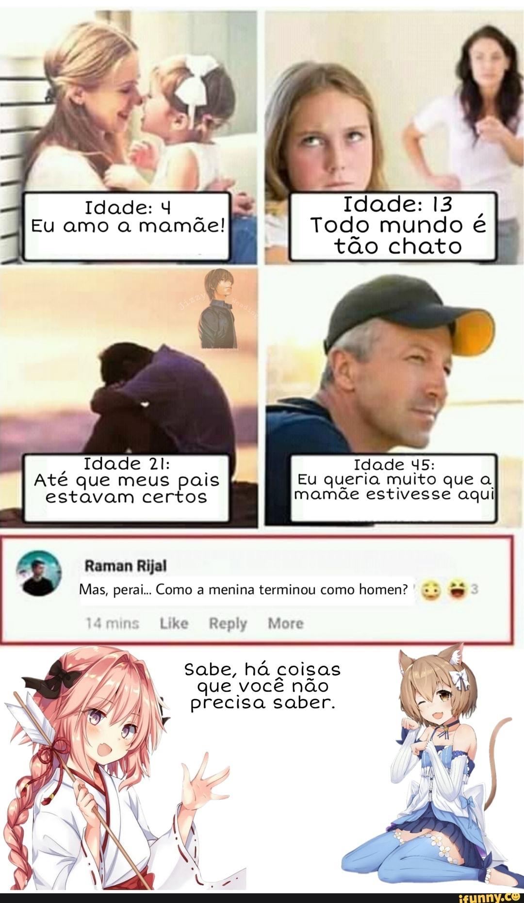 Idade:
Todo mundo é tão chato
Eu amo a mamãe!
Idade Zl: Idade 45:
Ate que meus pais I- Eu queria muito que estavam certos mamãe estivesse aqui
Raman Rijal
Mas, perai.. Como a menina terminou como homen? co
Like Replo More
Sabe, há coisas
que você não IN precisa saber.