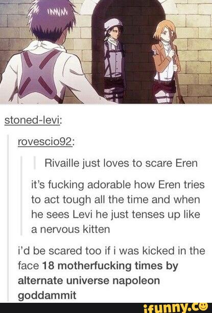 stoned-levi:
Rivaine Just Noves to scare Eren
it‘s fucking adorable how Eren tries
to act tough all the time and when
he sees Levi he just tenses up like
a nervous kitten
i‘d be scared too If l was kicked In the
face18 motherfucking times by
alternate universe napoleon
goddammit