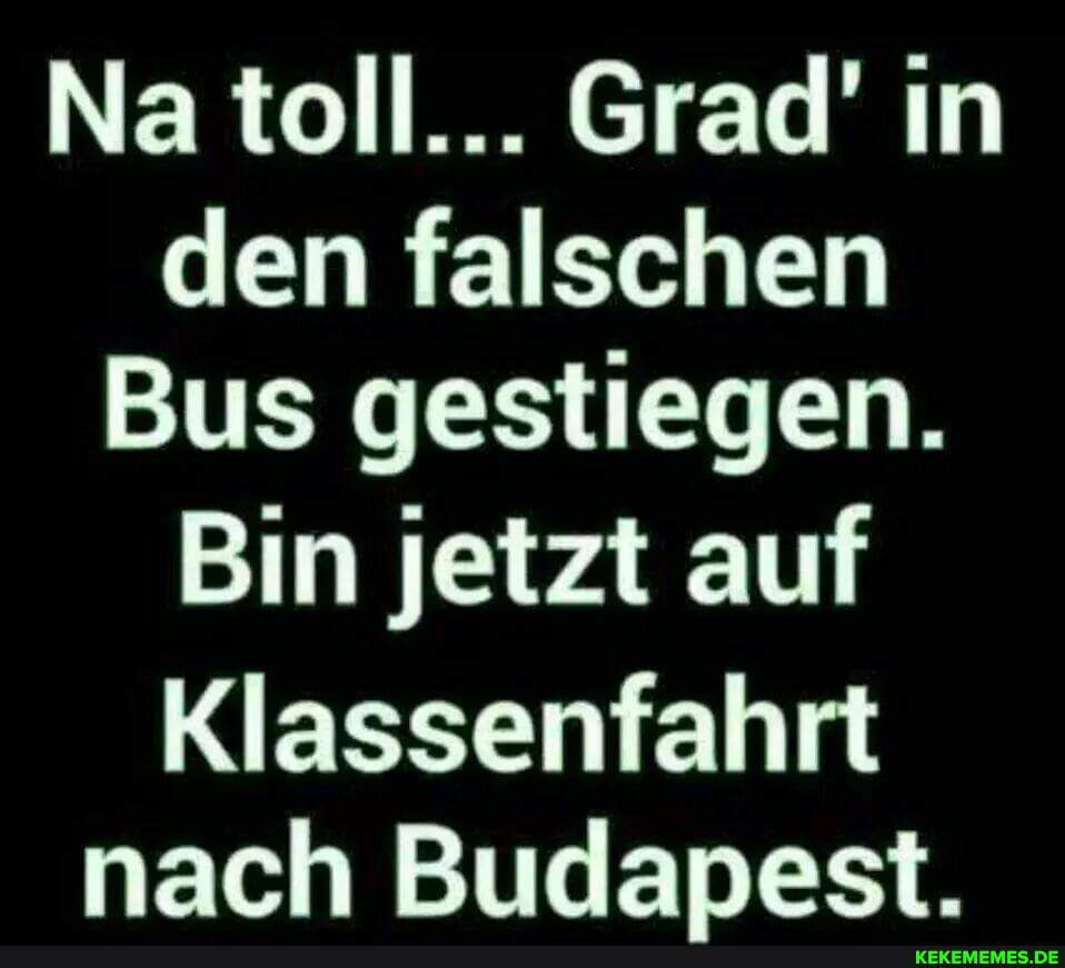Na toll... Grad' n den falschen
Bus gestiegen.
Bin jetzt auf
Klassenfahrt nach Budapest.