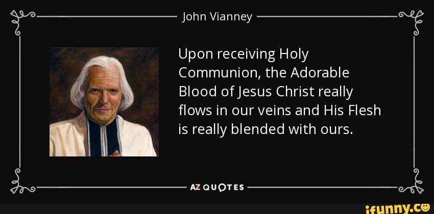 John Vianney
Upon receiving Holy
Communion, the Adorable
Blood of Jesus Christ really flows in our veins and His Flesh is really blended with ours.
AZ QUOTES
