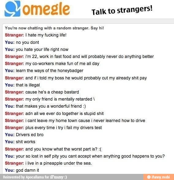 a omegle santo stranger
You're now chatting a random stranger. Say hil
Stranger: I hate my fucking life!
You: no you dont
You: you hate your life right now
Stranger: 'm 22, work in fast food and will probably never do anything better
Stranger: my co-workers make fun of me all day
You: learn the ways of the honeybadger
Stranger: and if i told my boss he would probably cut my already shit pay
You: that is illegal
Stranger: cause he's a cheap bastard
Stranger: my only friend is mentally retarded You: that makes you a wonderful friend Stranger: adn all we ever do together is stupid shit
Stranger: i cant leave my home town cause i never learned how to drive
Stranger: plus every time i try i fail my drivers test
You: Drivers ed bro
You: shit works
Stranger: and you know what the worst part is
You: your so lost in self pity you cant accept when anything good happens to you?
Stranger: i live in a pineapple under the sea.
You: god damn it