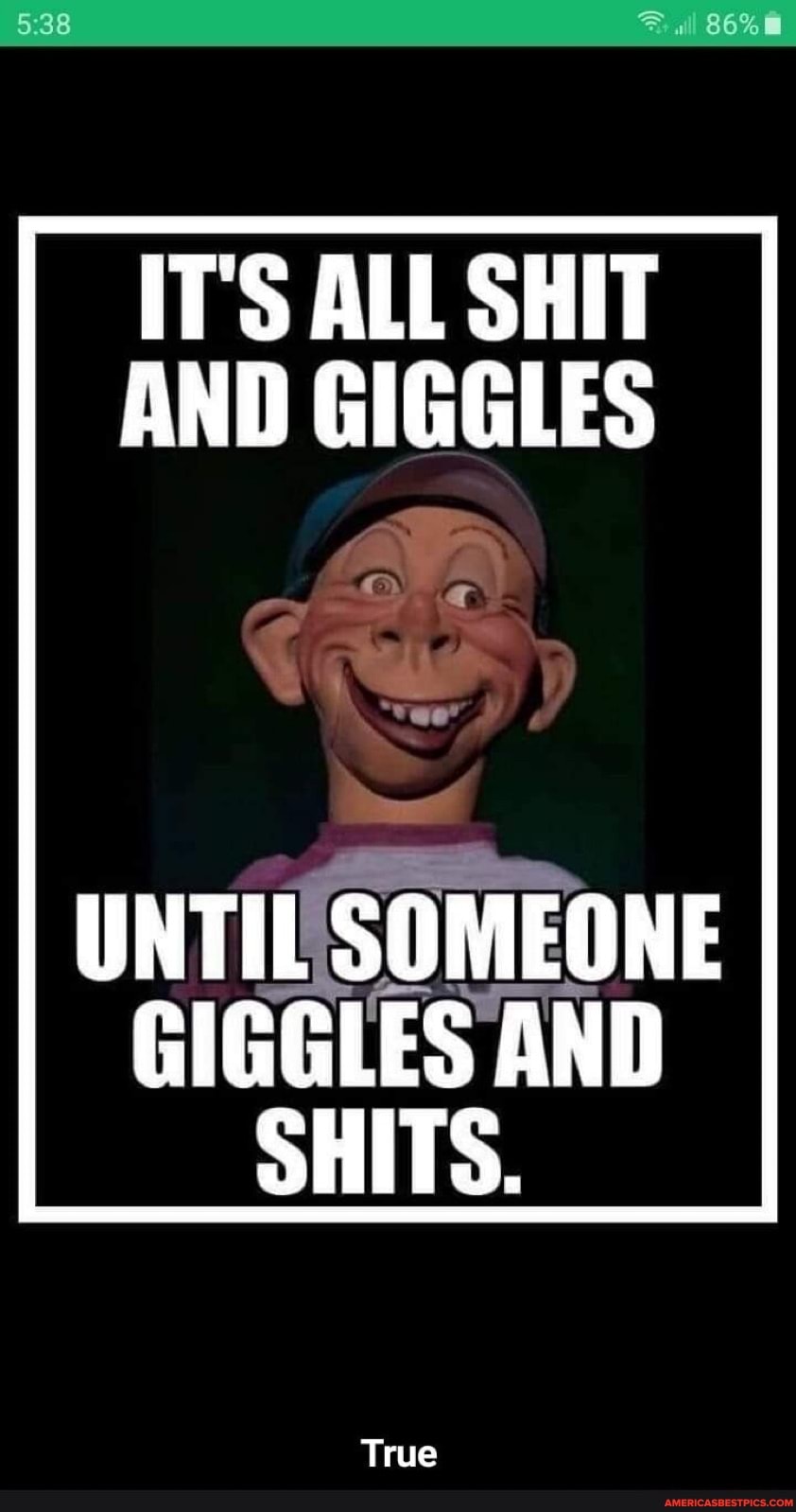 IT'S ALL SHIT AND GIGGLES
UNTIL SOMEONE GIGGLES AND SHITS.
True