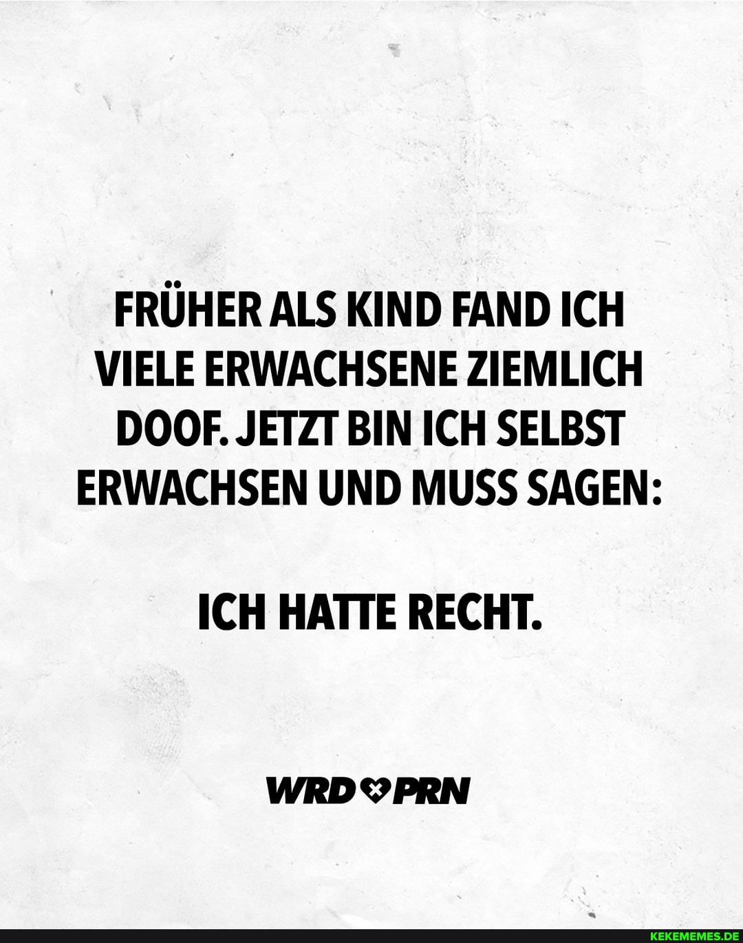 FRÜHER ALS KIND FAND ICH VIELE ERWACHSENE ZIEMLICH DOOF. JETZT BIN ICH SELBST ERWACHSEN UND MUSS SAGEN:
ICH HATTE RECHT.
WRDYPRN