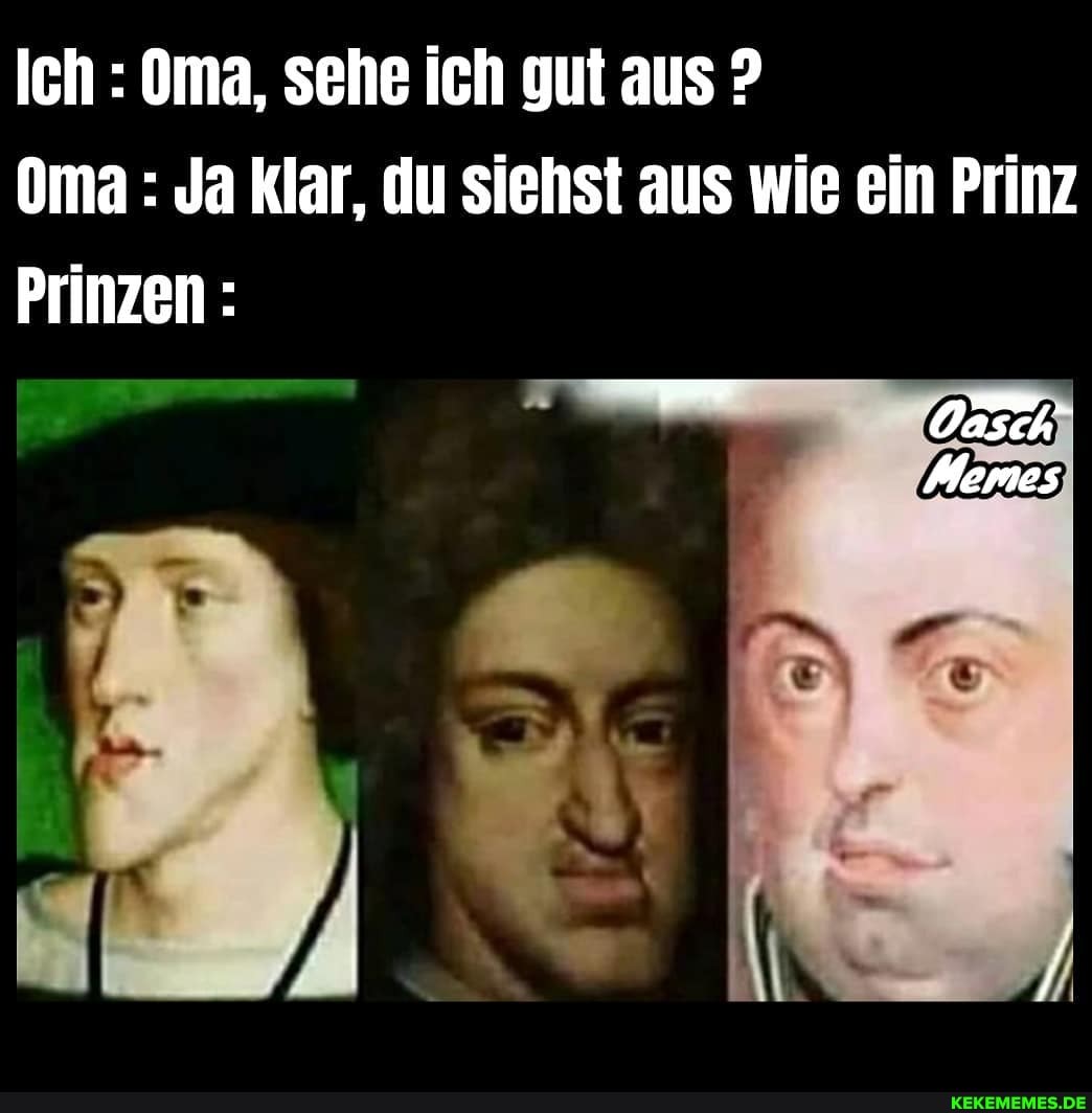 Ich : Oma, sehe ich gut aus ?
Oma : Ja klar, du siehst aus wie ein Prinz
Prinzen:
Memes