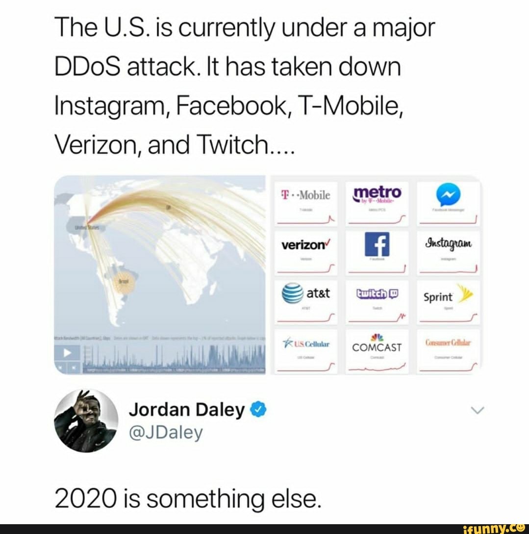 The U.S. is currently under a major
DDoS attack. It has taken down
Instagram, Facebook, T-Mobile,
Verizon, and Twitch...
2020 is something else.