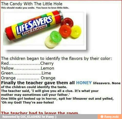 The Candy With The Little Hole
This should make you smile. You have to love litle kids.
The children began to identify the flavors by their color:
Red.. Cherry
Yellow. Lemon
Green. "Lime
Orange Orange
Finally the teacher gave them all HONEY lifesavers. None
of the children could identify the taste.
The teacher said, 'I will give you all a clue. It's what your
mother may sometimes call your father
One little girl looked up in horror, spit her lifesaver out and yelled,
'Oh my God! They're ass-holes!