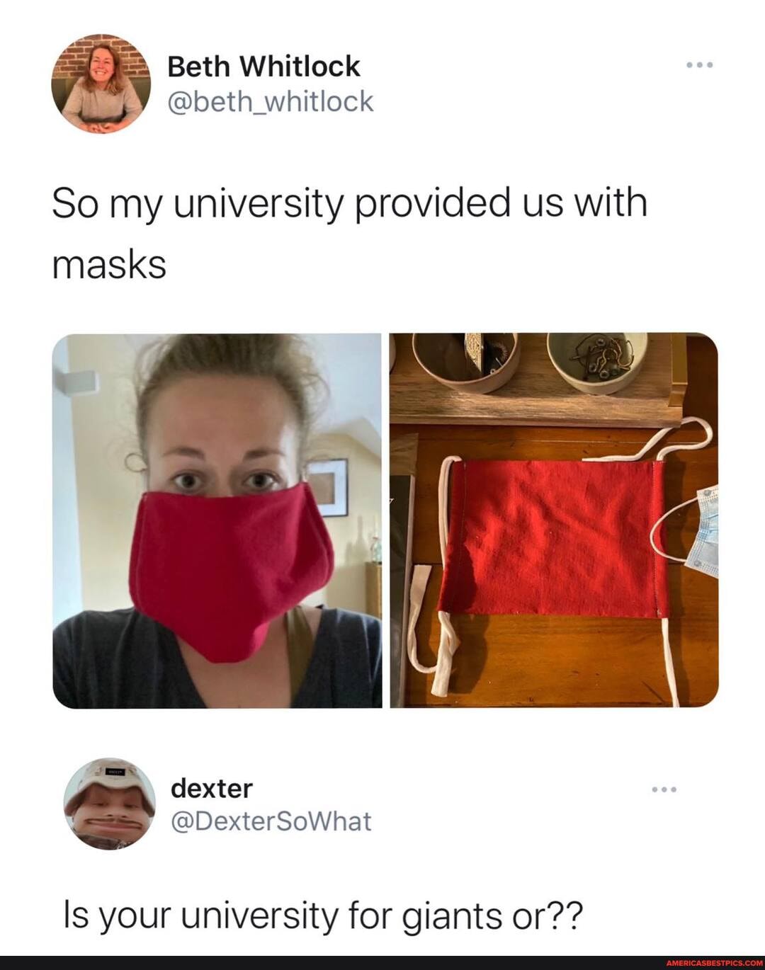 Beth Whitlock
@beth _whitlock
So my university provided us with masks
dexter
Is your university for giants or??