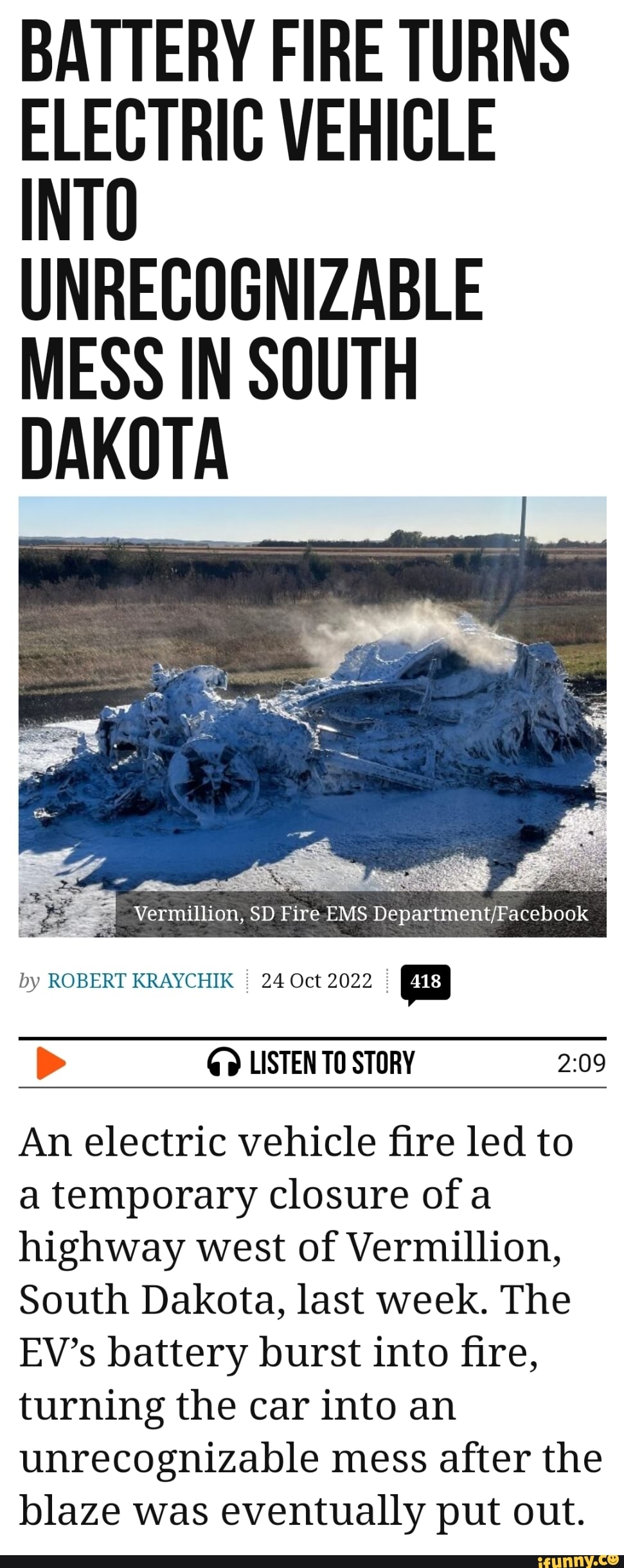 BATTERY FIRE TURNS ELECTRIC VEHICLE INTO UNRECOGNIZABLE MESS IN SOUTH