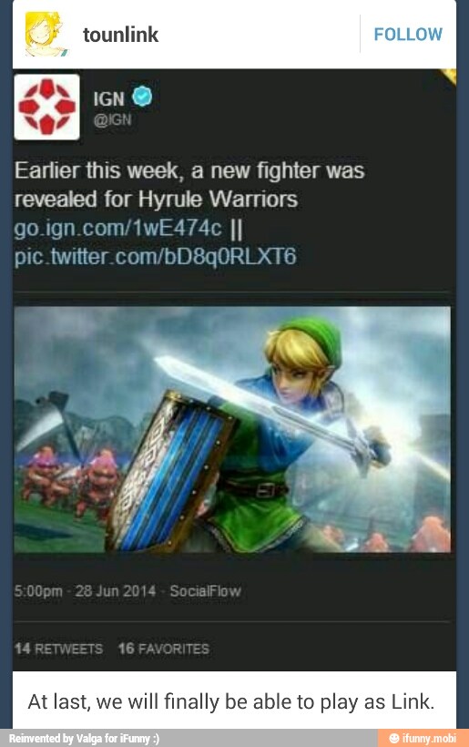 Earlier this week, a new fighter was
revealed for Hyrule Warriors
go.ign.com/1wE474c II
pic twitter com/bD8q0RLXT6
At last, we will finally be able to play as Link.