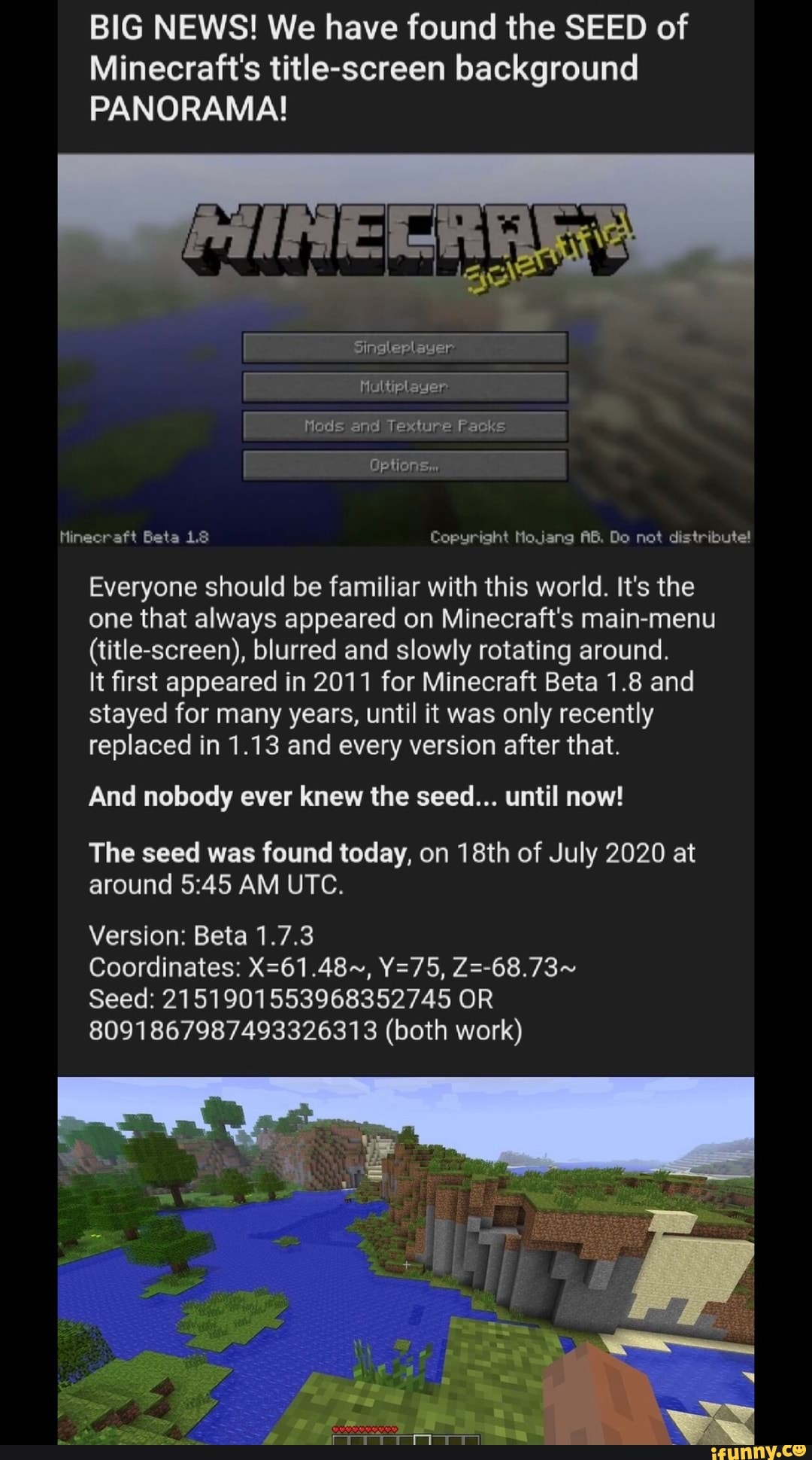 Big News We Have Found The Seed Of Minecraft S Title Screen Background Panorama Hinecraft Beta 1 8 Big News We Have Found The Seed Of Minecraft S Title Screen Background Panorama Hinecraft Beta 1 8