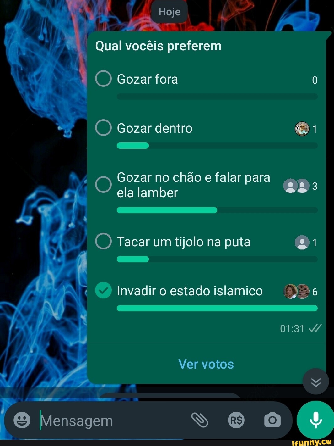 Hoje Qual vocêis preferem O Gozar fora (D Gozar dentro O Gozar no chão e  falar