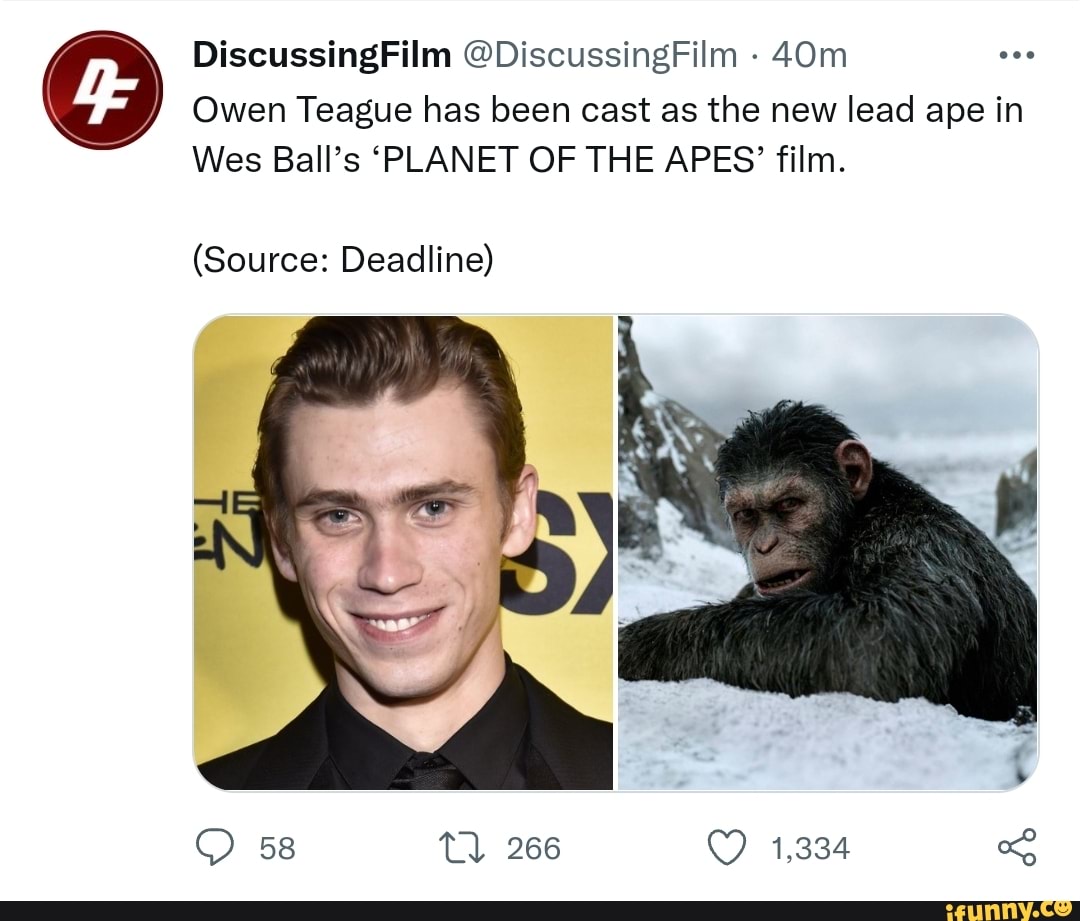 Owen Teague has been cast as the new lead ape in Wes Ball's OF