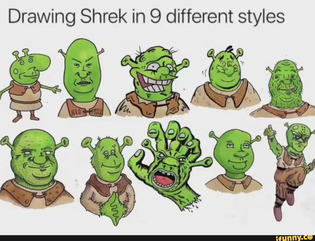 Drawing Shrek in 9 different styles.