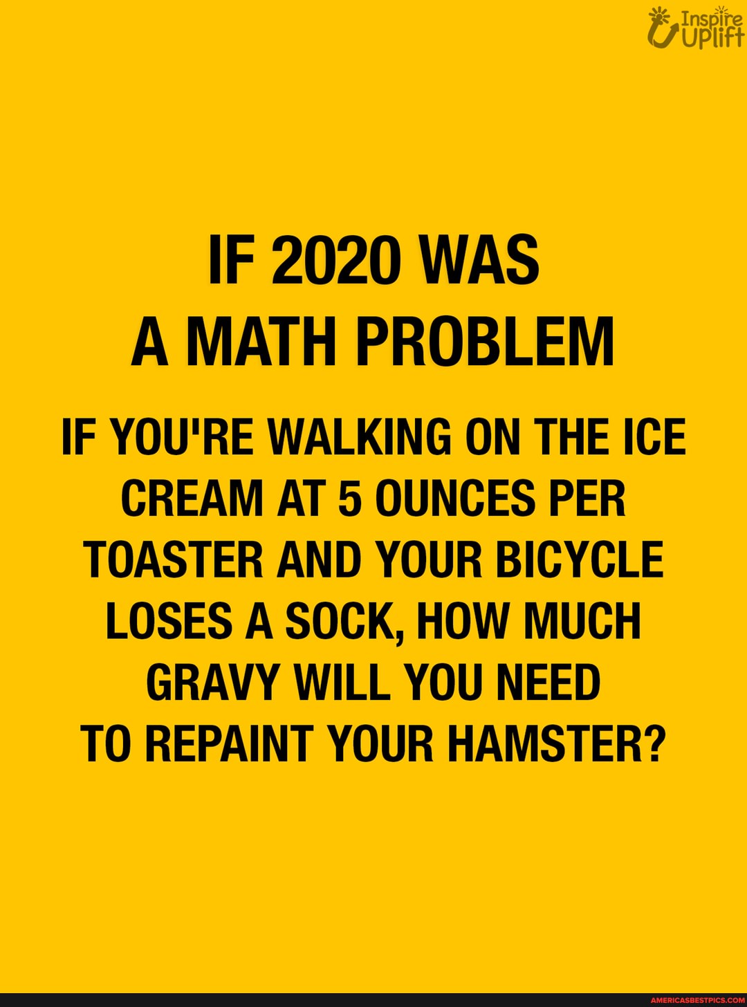 IF 2020 WAS A MATH PROBLEM
IF YOU'RE WALKING ON THE ICE CREAM AT 5 OUNCES PER TOASTER AND YOUR BICYCLE LOSES A SOCK, HOW MUCH GRAVY WILL YOU NEED TO REPAINT YOUR HAMSTER?