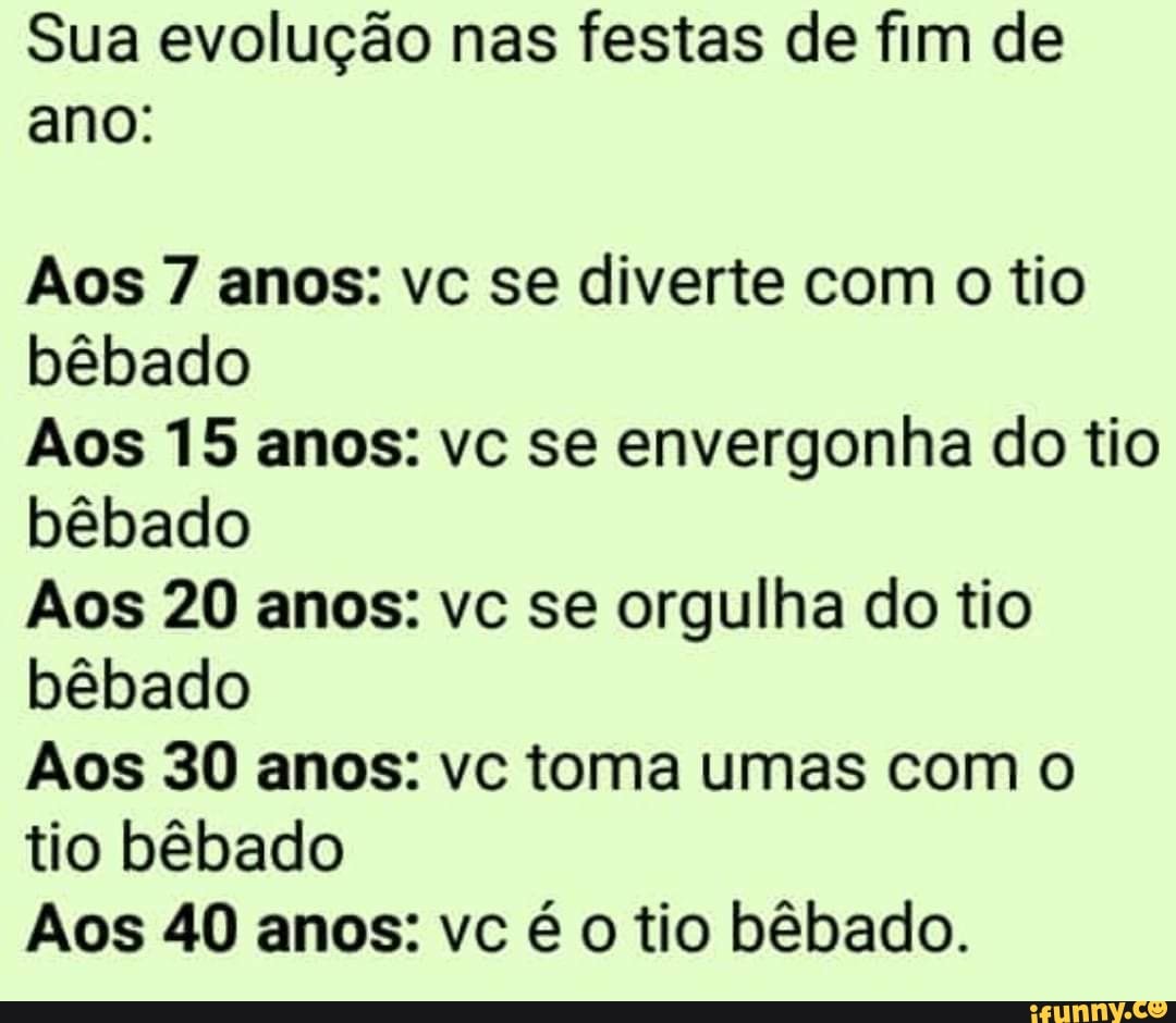 Sua evolução nas festas de fim de
ano:
Aos 7 anos: vc se diverte com o tio
bêbado
Aos 15 anos: vc se envergonha do tio
bêbado
Aos 20 anos: vc se orgulha do tio
bêbado
Aos 30 anos: vc toma umas com o
tio bêbado
Aos 40 anos: vc é o tio bêbado.