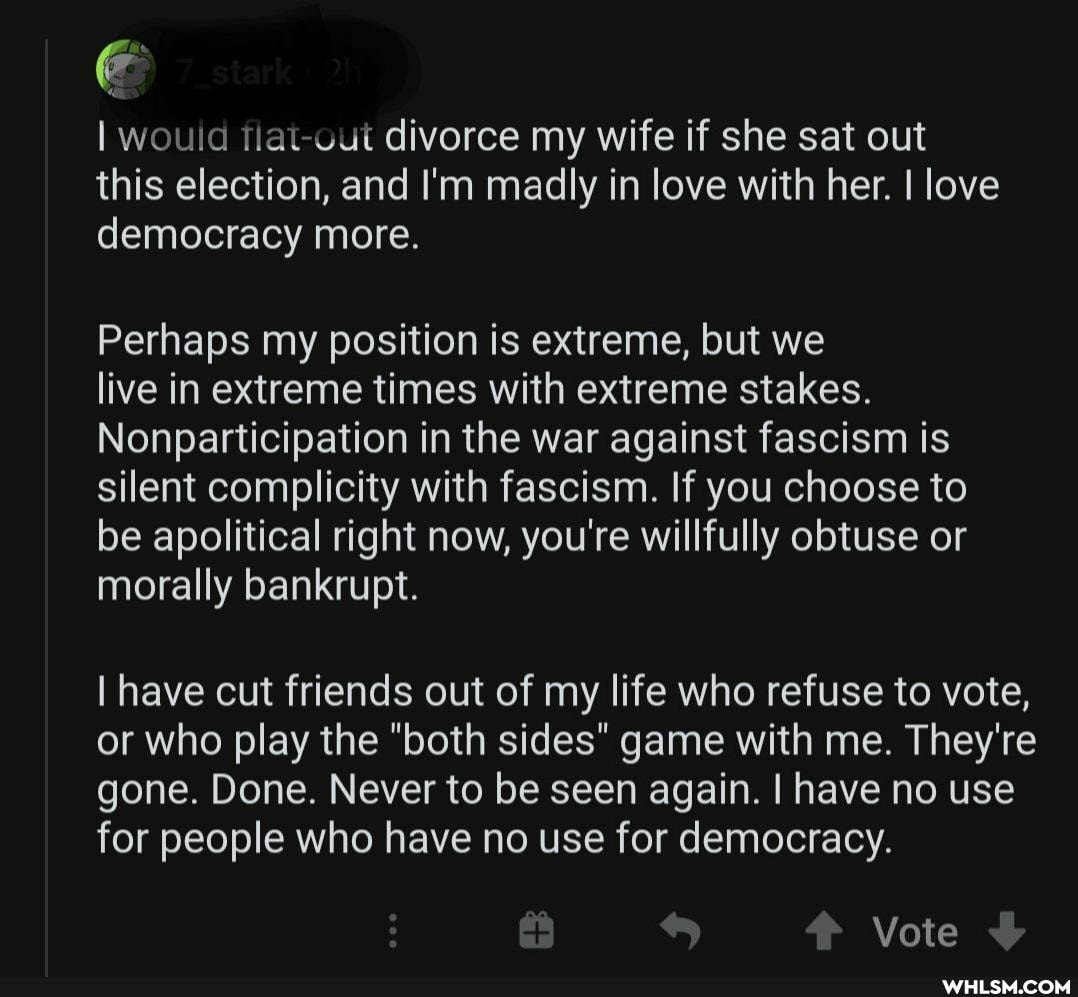 I would lat divorce my wife if she sat out this election, and I'm madly in love with her. I love democracy more.
Perhaps my position is extreme, but we
live in extreme times with extreme stakes.
Nonparticipation in the war against fascism is silent complicity with fascism. If you choose to be apolitical right now, you're willfully obtuse or morally bankrupt.
I have cut friends out of my life who refuse to vote, or who play the "both sides" game with me. They're gone. Done. Never to be seen again. I have no use for people who have no use for democracy.
Vote