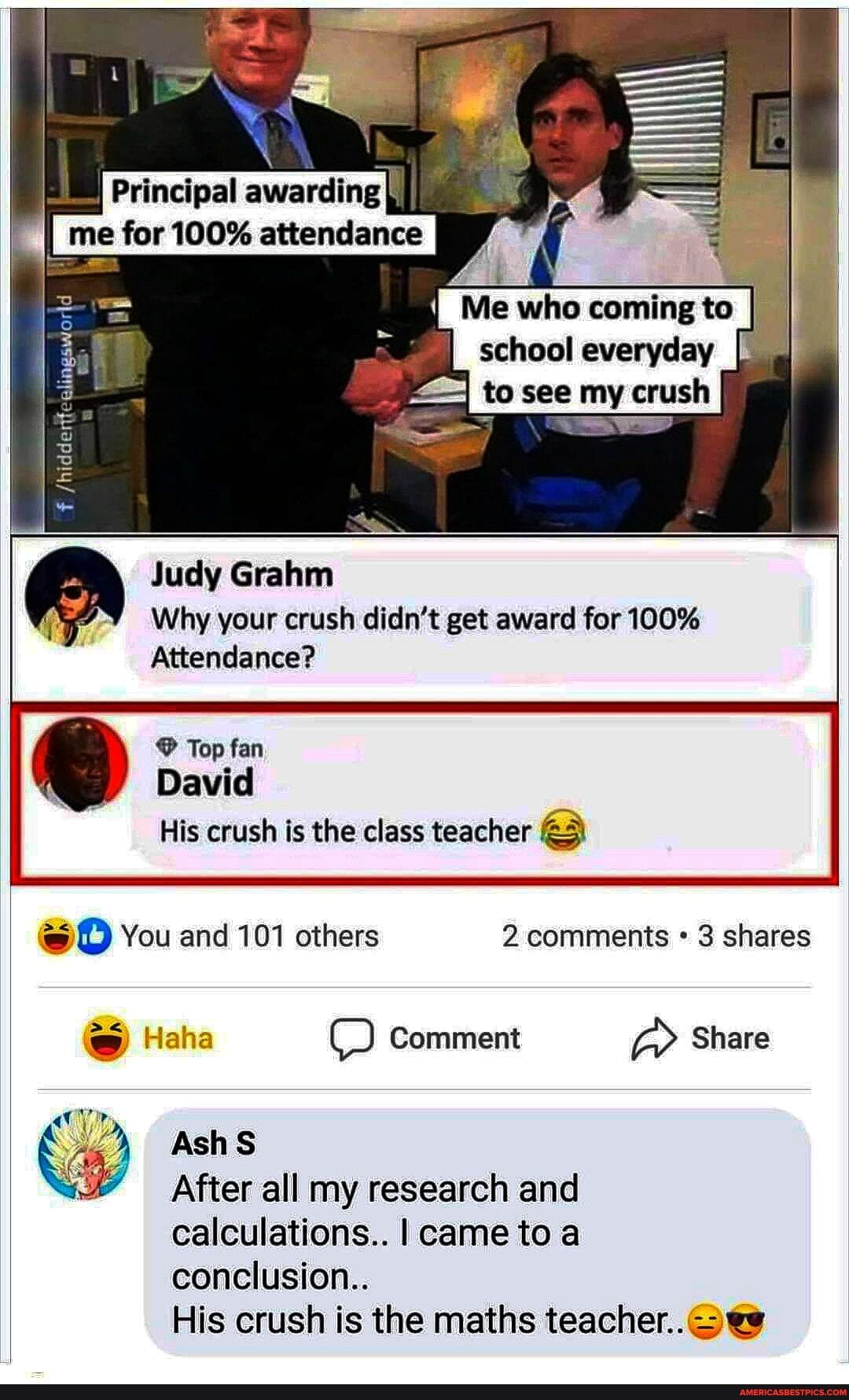Principal awarding me for 100% attendance
Me who coming to
f chiddert
Judy Grahm
Why your crush didn't get award for 100%
Attendance?
Top fan
David
His crush is the class teacher
SO You and 101 others 2 comments 3 shares
@ Haha Comment Share
Ash S After all my research and
calculations.. I came to a conclusion..
His crush is the maths teacher..