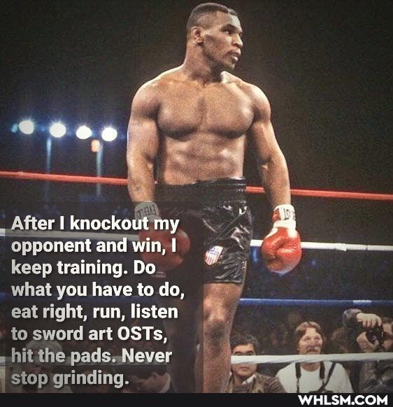 [knockout my
opponent and win,
keep training. Do_ what you have to do, eat right, run, listen to sword art OSTs,
hit the pads. Never