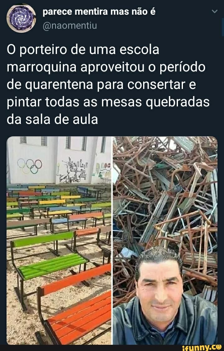 parece mentira mas não é
porteiro de uma escola marroquina aproveitou o período de quarentena para consertar e pintar todas as mesas quebradas da sala de aula