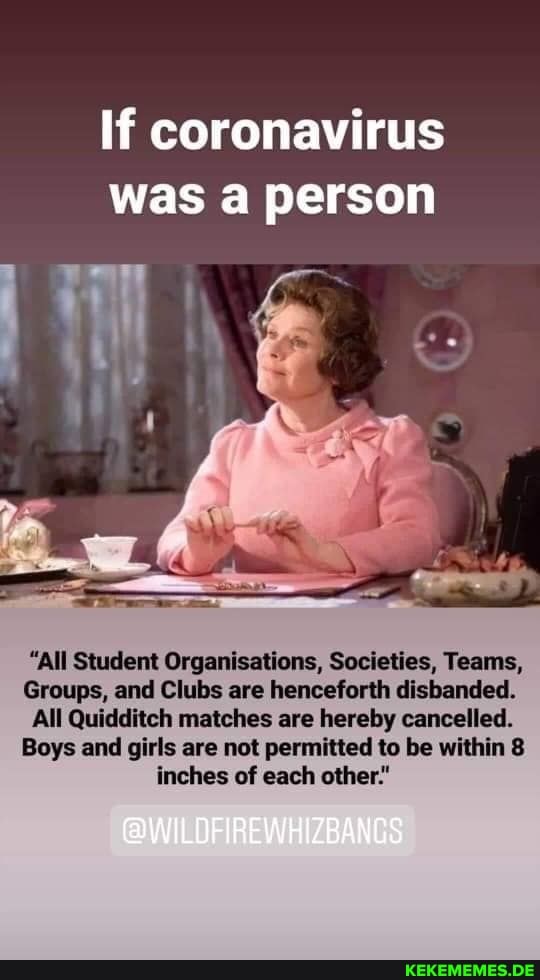 If coronavirus
was a person
"All Student Organisations, Societies, Teams,
Groups, and Clubs are henceforth disbanded.
All Quidditch matches are hereby cancelled.
Boys and girls are not permitted to be within 8 inches of each other.
@WILOFIREWHIZBANGS