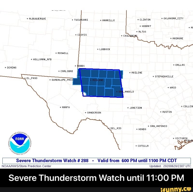 Severe Thunderstorm Watch #288 Valid from 600 PM until 1100 PM CDT
Updated: 20200620/2307 UTC NOAA/NWS/Storm Prediction Center
Severe Thunderstorm Watch until 11:00 PM - Severe Thunderstorm Watch until 11:00 PM