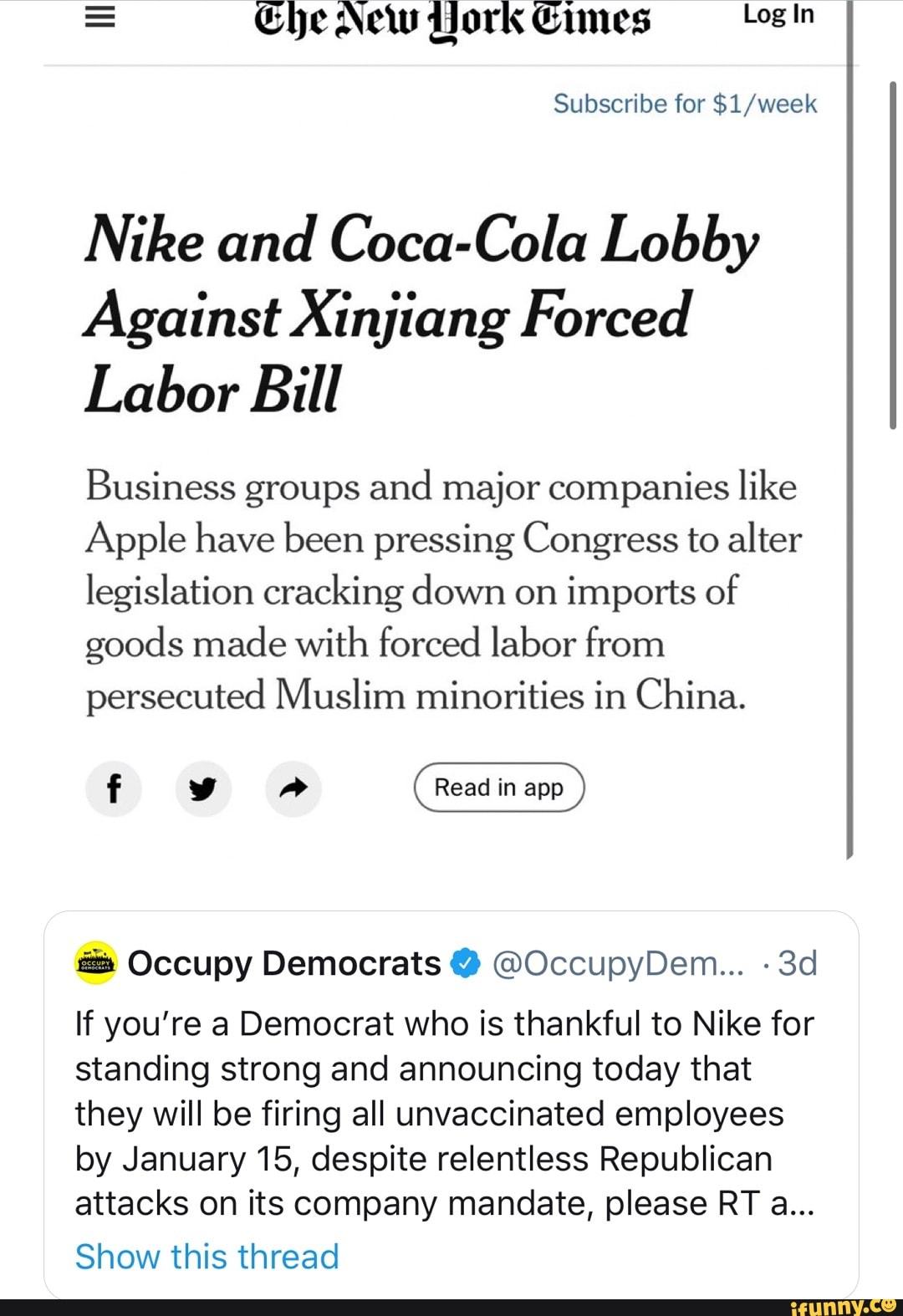 Che New Dork Eimes Log Subscribe For Nike And Coca Cola Lobby Against Xinjiang Forced Labor Bill 4251