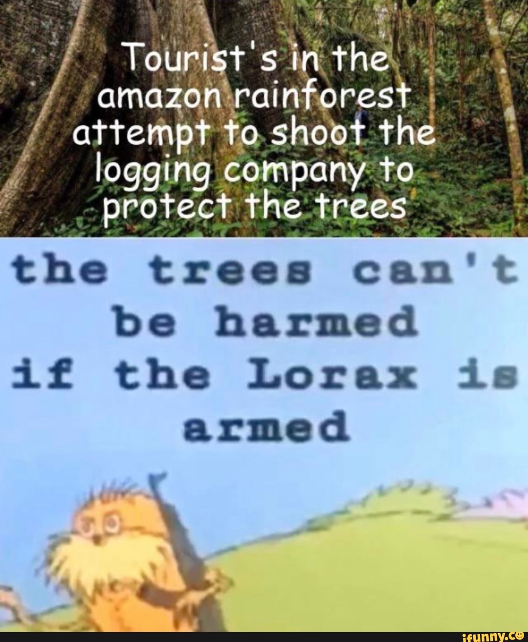 EA Rua
k amazonirainforest I 1
attempt to shoot the J logging company: to j protect the trées =.
the trees can't
be harmed
if the Lorax is
armed