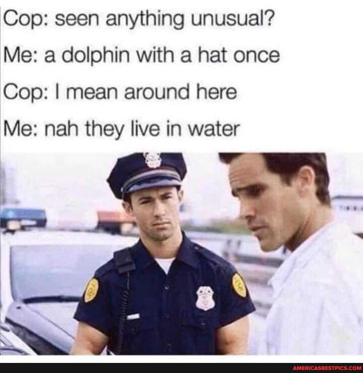 Cop: seen anything unusual?
Me: a dolphin with a hat once
Cop: I mean around here
Me: nah they live in water
& XX.