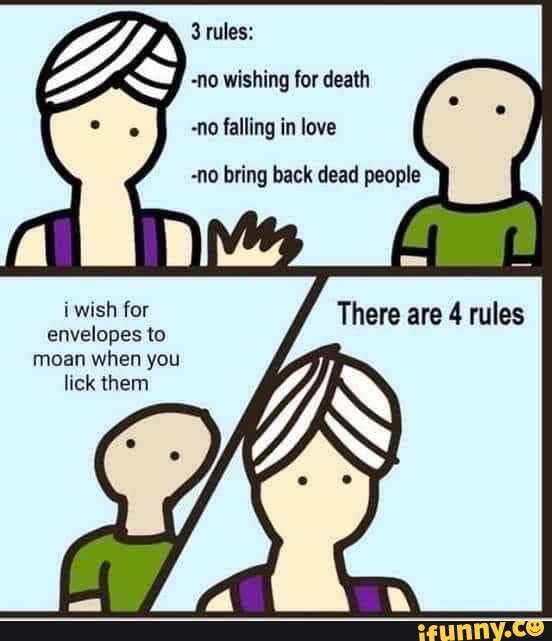 tules:
-no wishing for death
-no falling in love
-no bring back dead people
i wish for There are 4 rules envelopes to