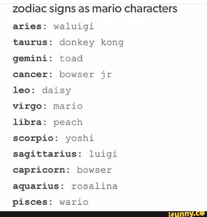 Zodiac signs as mario characters aries waluigi taurus donkey kong