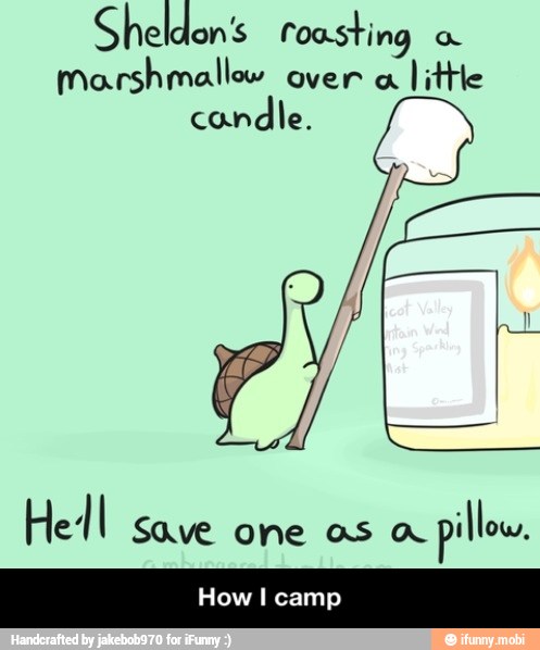 Sheldon's roasting
Marshmallow over a
little
candle.
Hell Save one as a
pillow, - How I camp