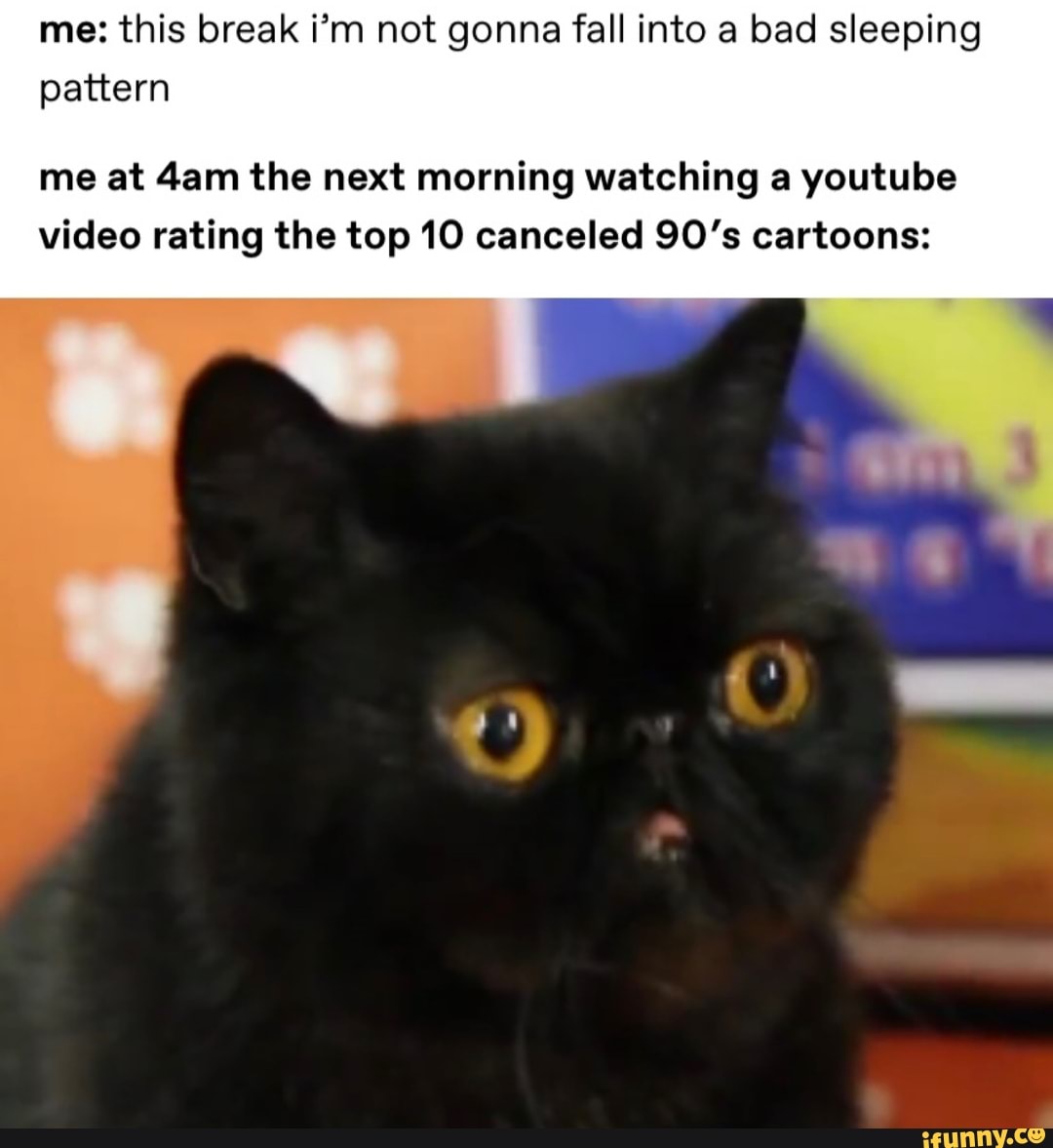 me: this break i'm not gonna fall into a bad sleeping
pattern
me at 4am the next morning watching a youtube
video rating the top 10 canceled 90's cartoons: