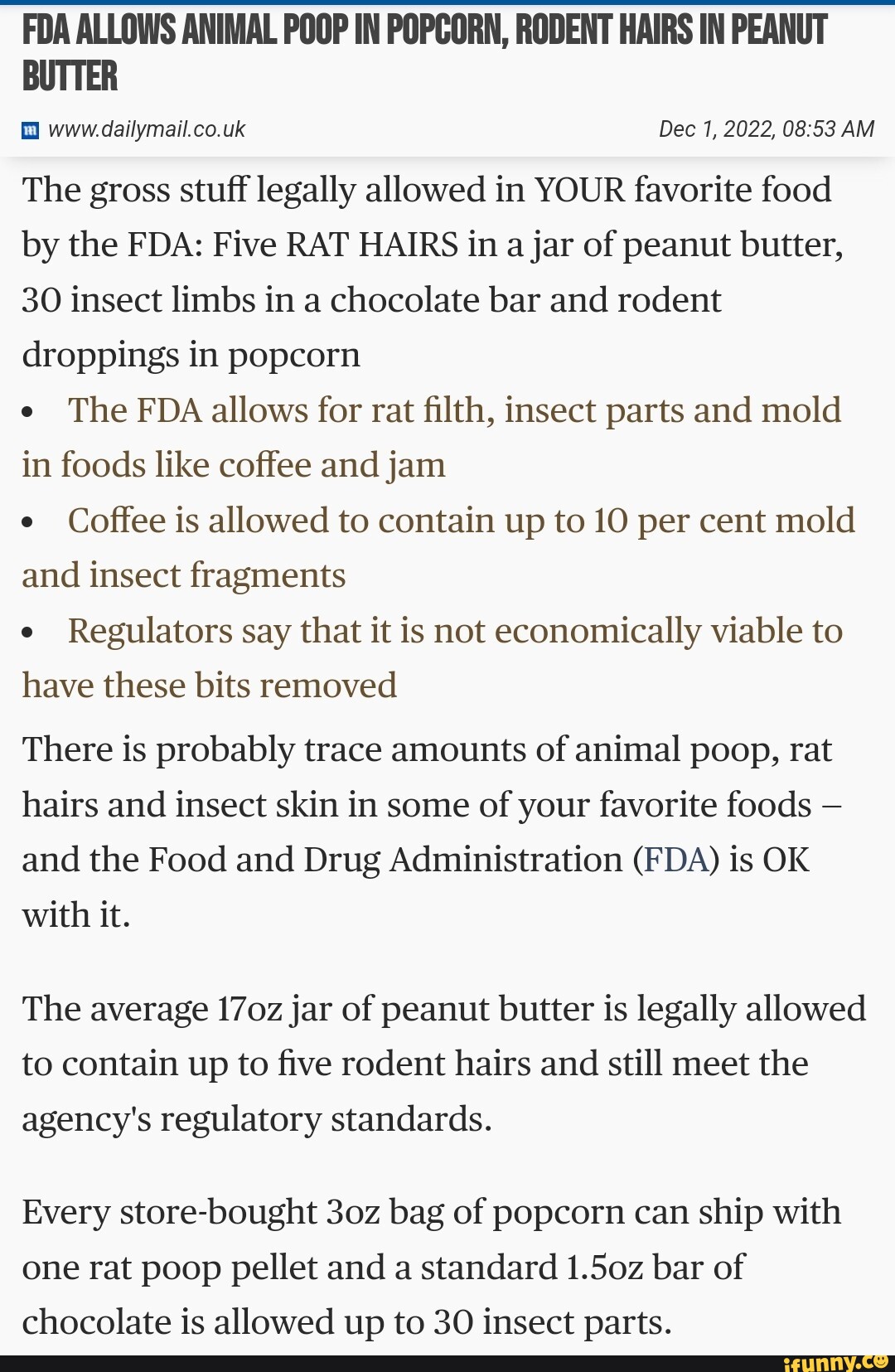 FDA ALLOWS ANIMAL POOP IN POPCORN, RODENT HAIRS IN PEANUT BUTTER www