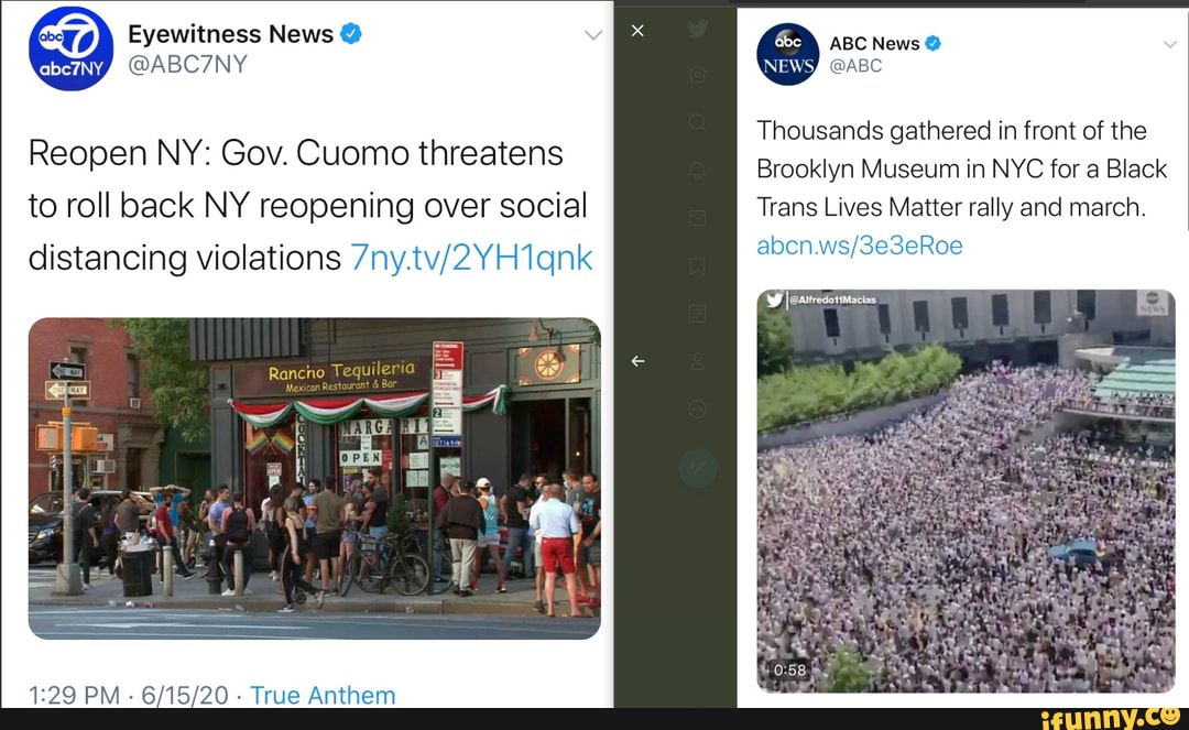 Reopen NY: Gov. Cuomo threatens to roll back NY reopening over social distancing violations
ABC News @
@ABC
Thousands gathered in front of the
Brooklyn Museum in NYC for a Black
Trans Lives Matter rally and march.