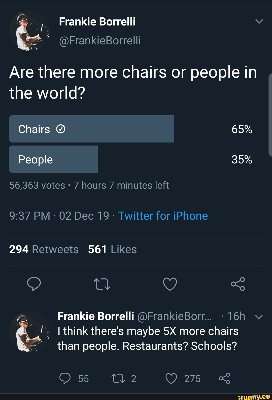 6 Are there more chairs or people in the world? Chairs O 65 fas