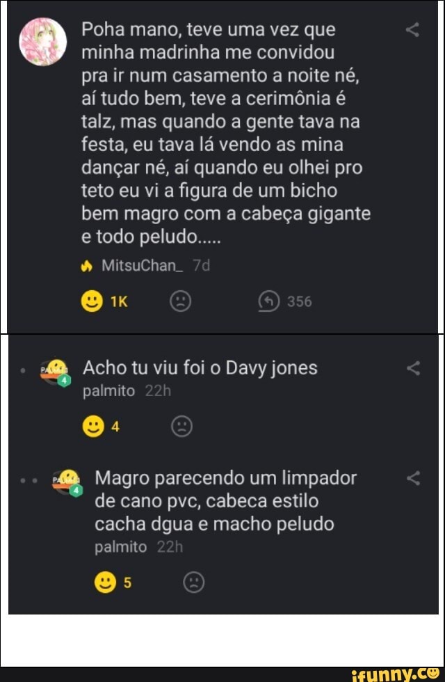 Poha mano, teve uma vez que
minha madrinha me convidou
pra ir num casamento a noite né,
aí tudo bem, teve a cerimônia é
talz, mas quando a gente tava na
festa, eu tava lá vendo as mina
dançar né, aí quando eu olhei pro
teto eu vi a figura de um bicho
bem magro com a cabeça gigante
8 Acho tu viu foi o Davy jones
palmito
o
Magro parecendo um limpador
de cano pvc, cabeca estilo
cacha dgua e macho peludo
palmito
Os