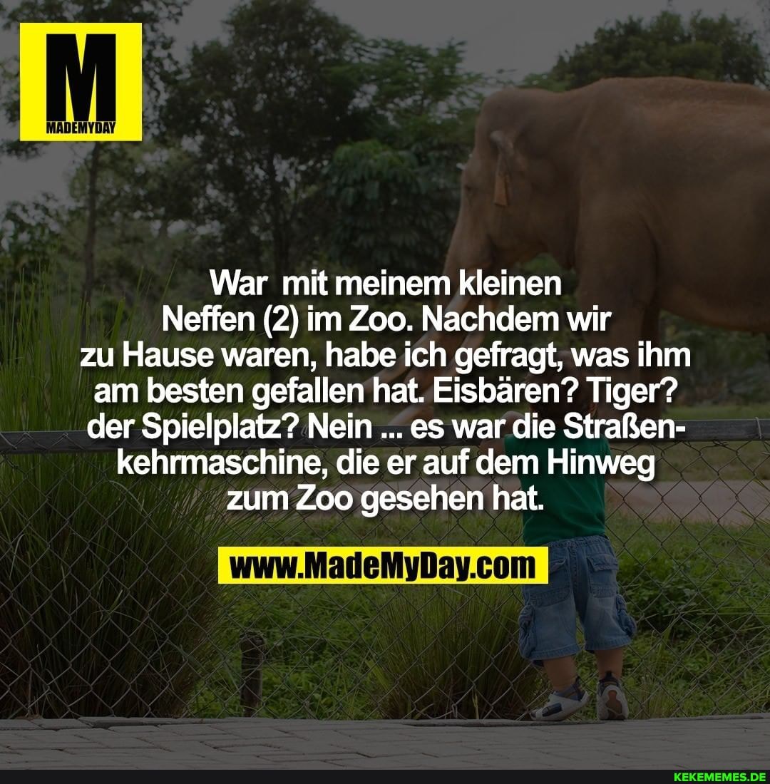 War mit meinem kleinen
Neffen (2) im Zoo. Nachdem wir zu Hause waren, habe ich gefragt, was ihm am besten gefallen hat. Eisbären? Tiger? der Spielplatz? Nein es war die Straßen- kehrmaschine, die er auf dem Hinweg zum Zoo gesehen hat.