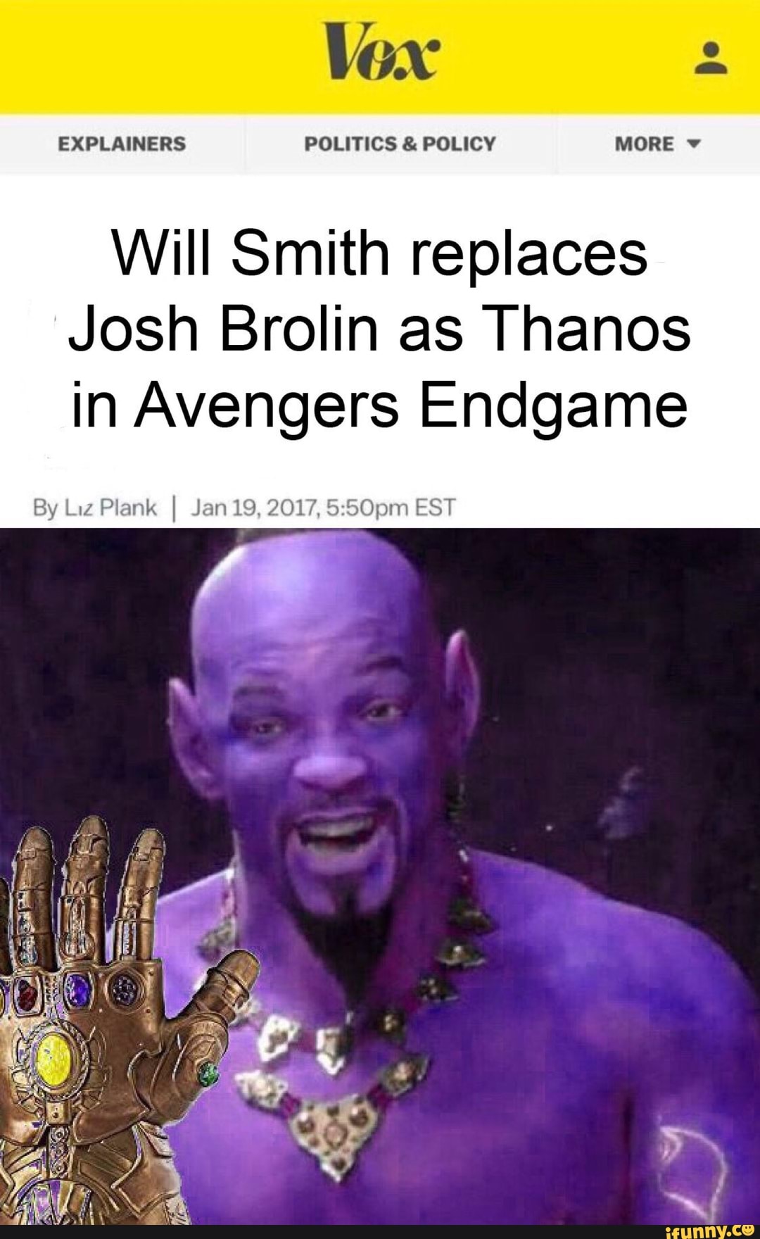Will Smith replaces Josh Brolin Thanos in Avengers Endgame - iFunny